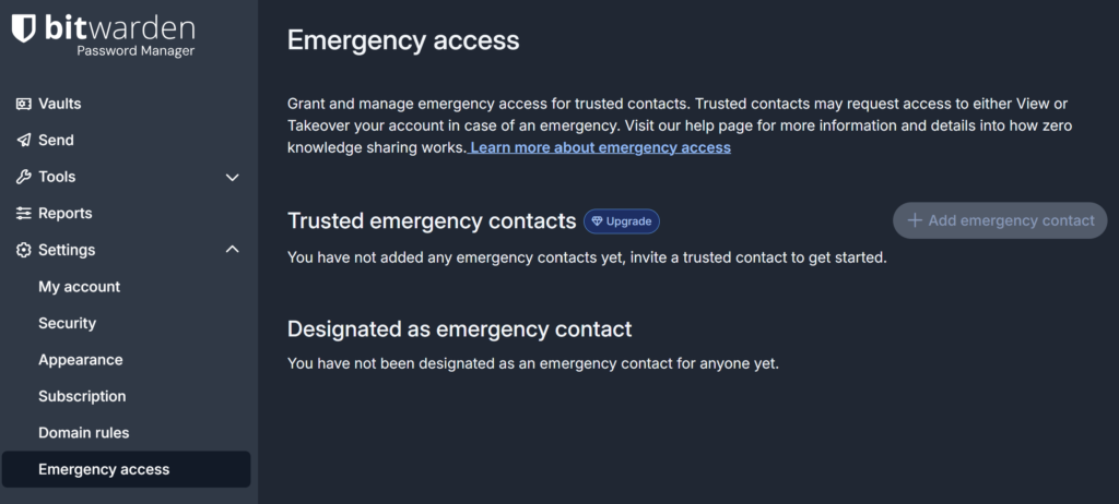 bitwarden-emergency-access Screenshot of Bitwarden web vault showing emergency access settings menu.